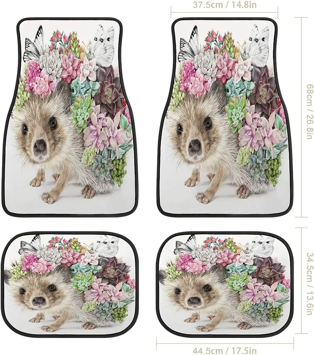 Hedgehog Kawaii with Flowers Car Mats Universal Fit Car Floor Mats Fashion Soft Waterproof Car Carpet Front&Rear 4 Pieces Full S