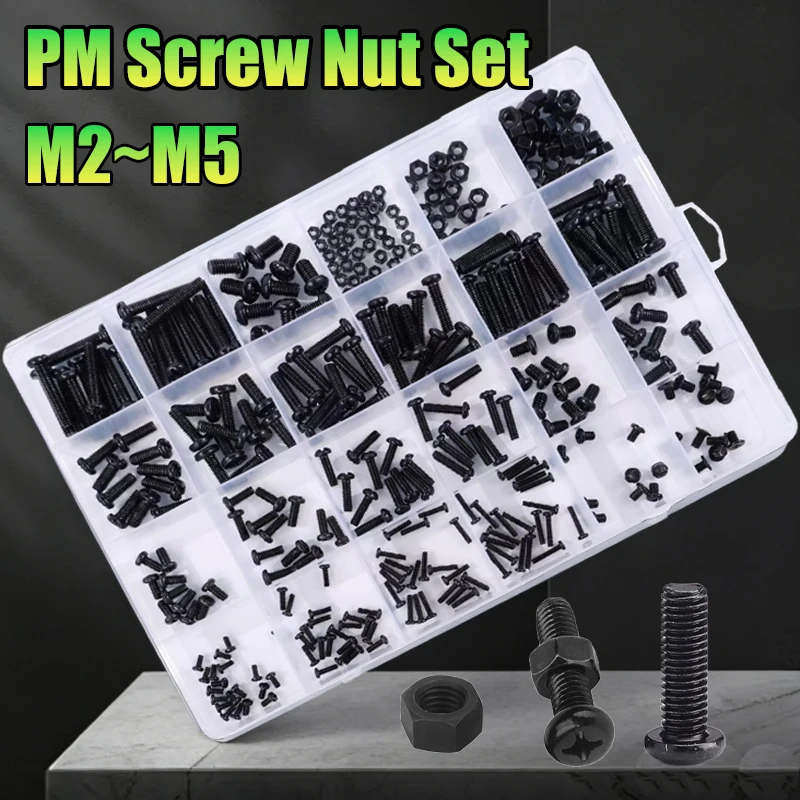 1Box Black Carbon Steel M2 M2.5 M3 M4 M5 PM Cross Recessed Phillips Truss Head Large Flat Round Head Screw Bolt Nut Assorted Kit