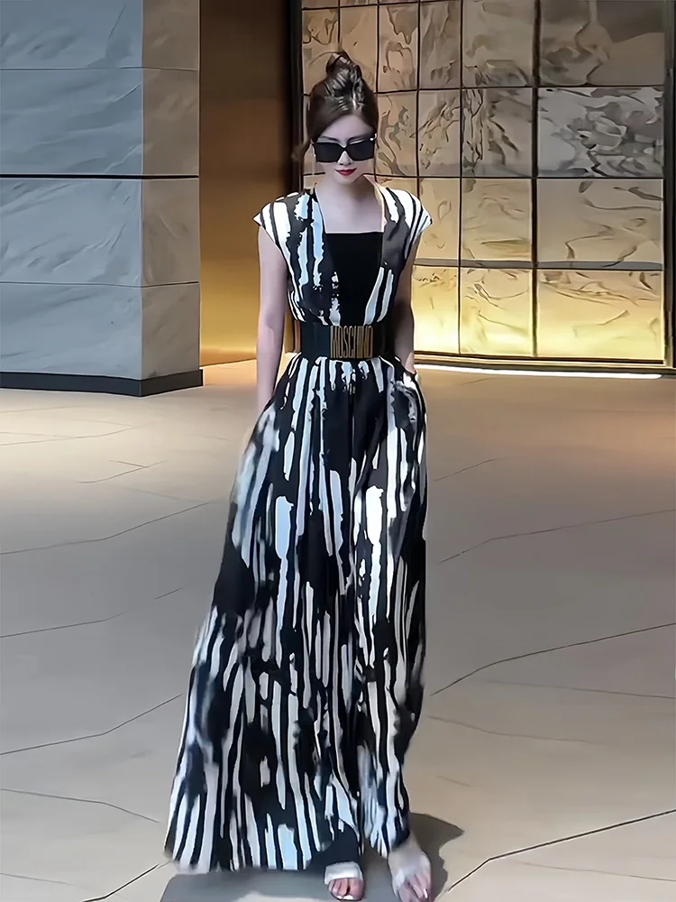 Letni zestaw: wyszczuplający, modny, casualowy kombinezon z wysokim stanem, drapowany, z nadrukiem, elegancki, do pracy, długie spodnie z szerokimi nogawkami.