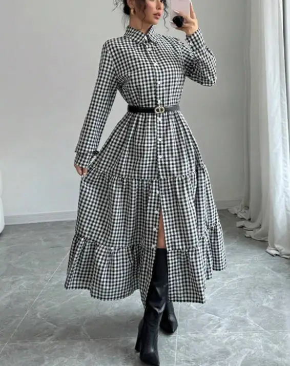 

Autumn Women's Temperament Plaid Casual Cardigan Dress New Fashion Vintage Loose Patchwork Long Dresses for Women Clothing