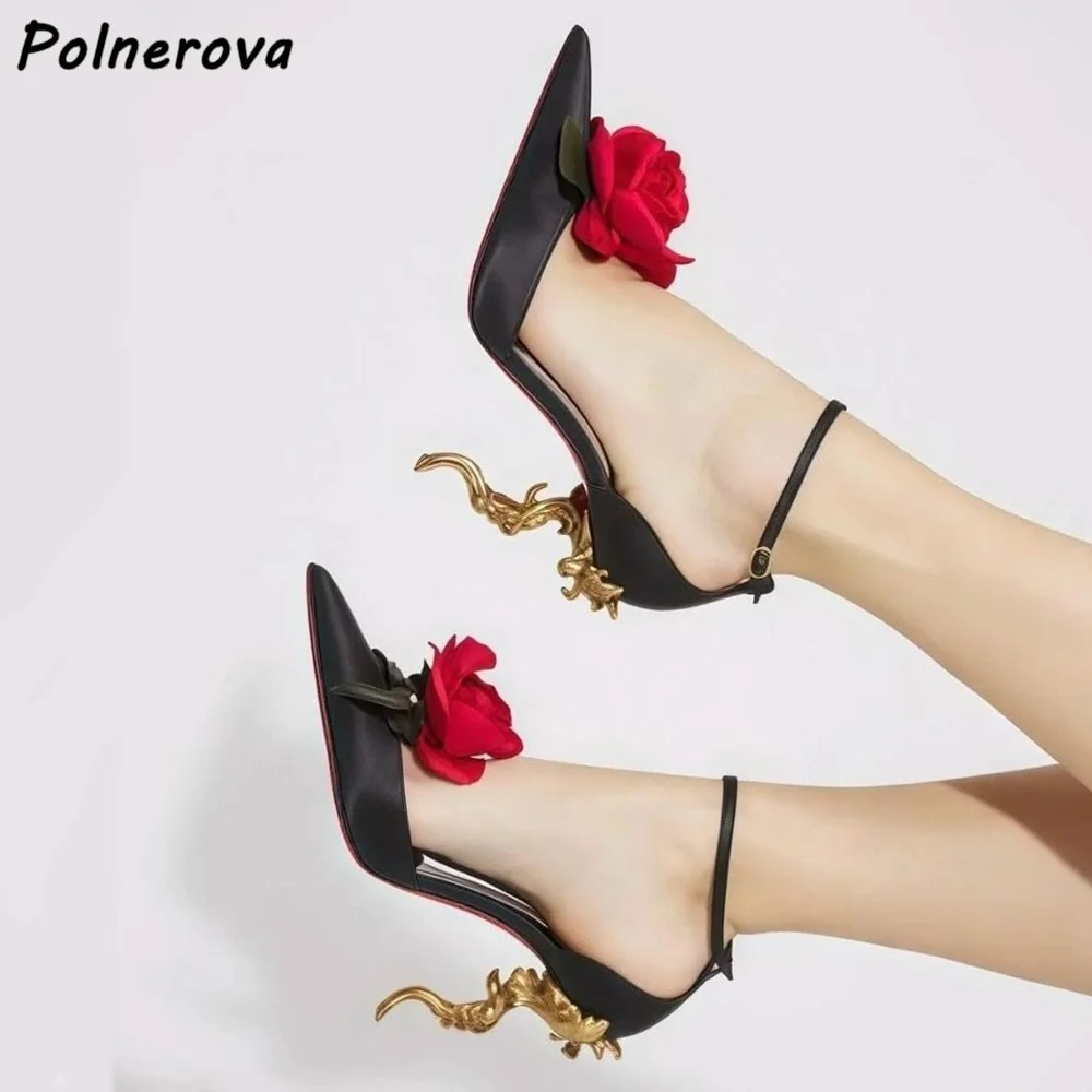 Flower Stem Heels Rose Sandals Sexy Pointy Toe Flower White Red Thin Heels Women's Shoes Fashion Summer Elegant Stiletto Shoes - view 3