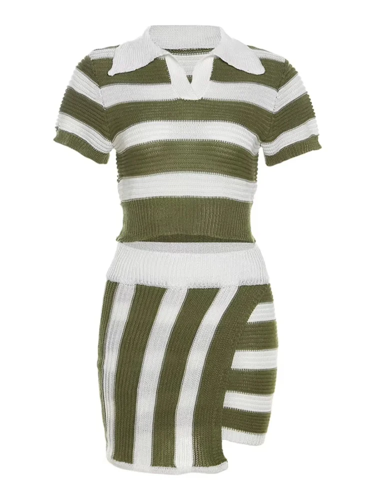 klalien Knit Striped Tracksuit Women Two Piece Set Contrasting Softy Elegant Stretch Crop Tops+Hip Skirt Matching Streetwear