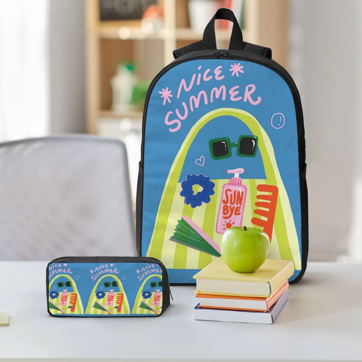Summer Sun Protection Beach Backpack Boys Girls BookBag School Bag Shoulder Bags 3ps Insulated Lunch Bag Pencil Case