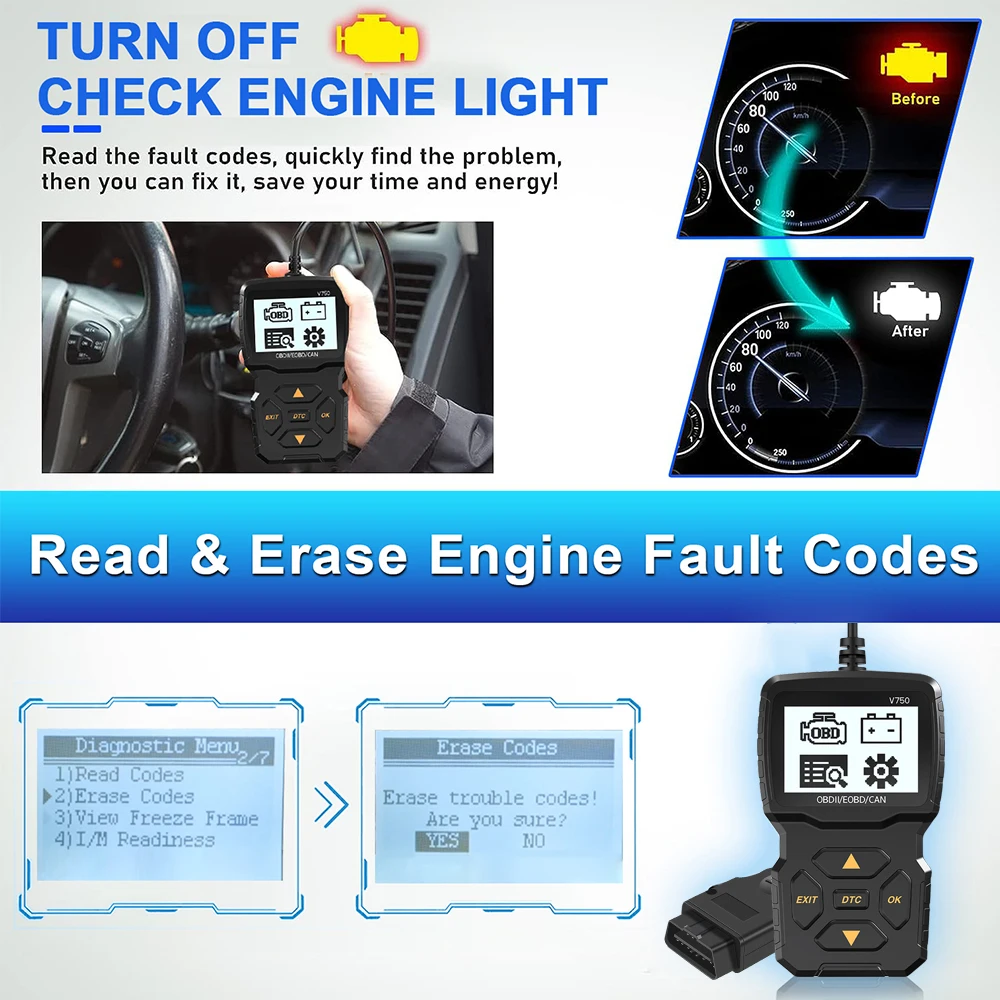 Picture 7: Car Diagnostic Tool Read Vehicle Information Check Engine System Code Reader Multi-language OBD2 Scanner V750 Battery Tester