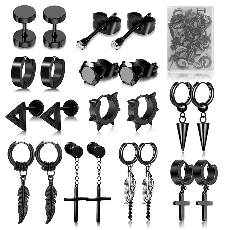 Pairs Punk Stainless Steel Stud Earrings Black Earrings Set For Men Women Vintage Hip Hop Piercing Ear Jewelry Accessories