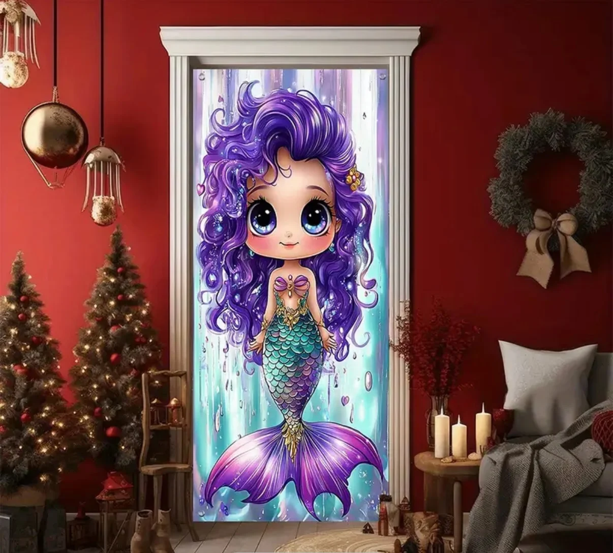 

Cartoon Dream Purple Mermaid Background Door Flag Children's Birthday Party Decoration Background Room Porch Decoration Gifts