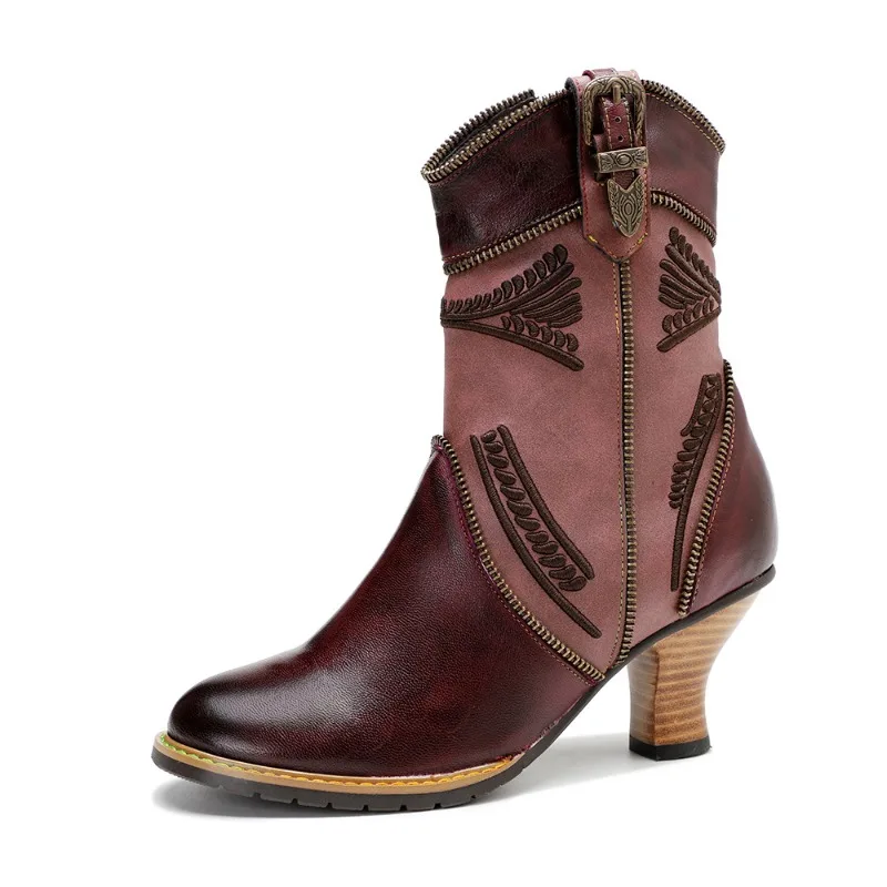 

6.8cm Cowboy Boots Retro Ankle Chunky Heels British Style Ethnic Sheepskin Leather ZIP Big Size Autumn Spring Women Shoes