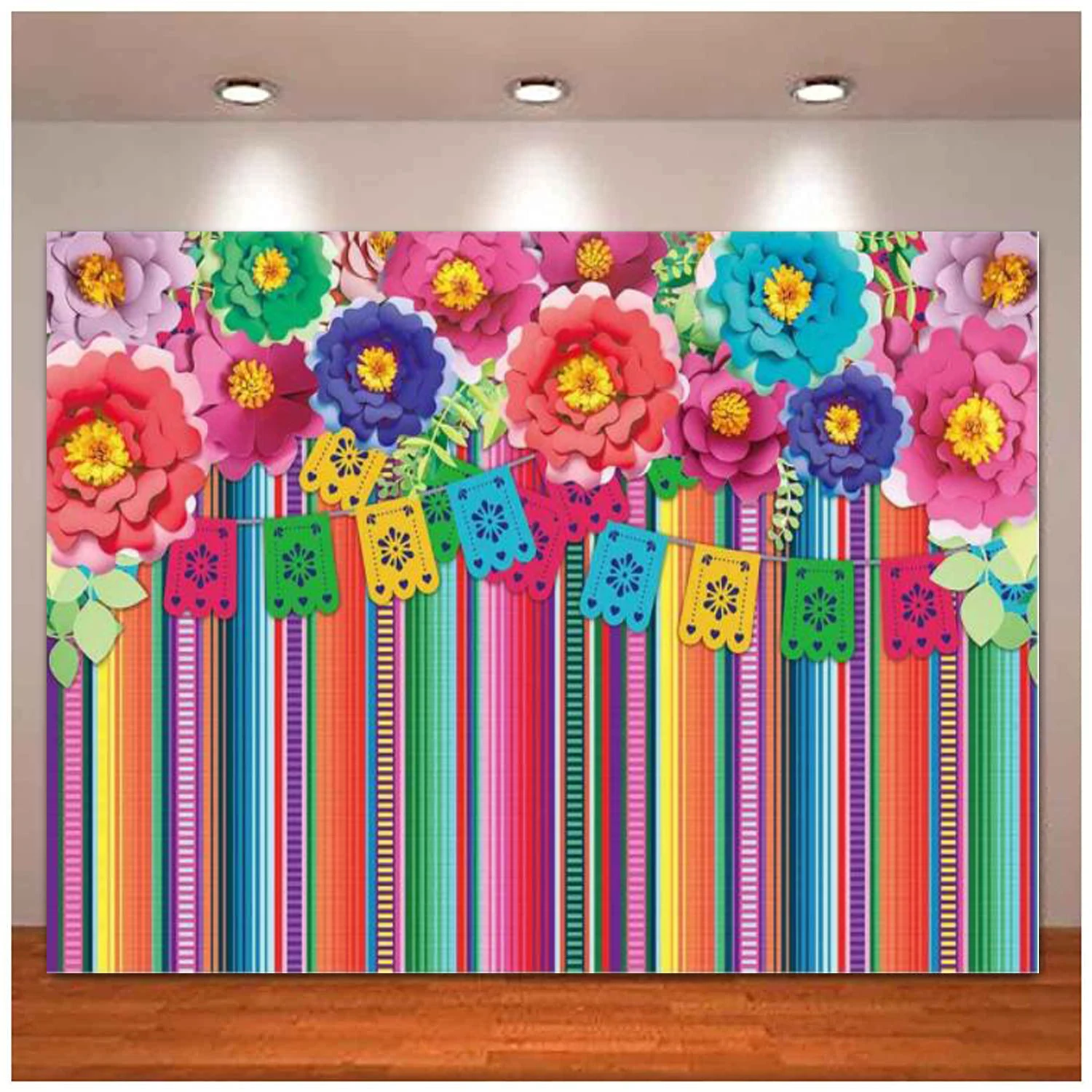 

Mexican Fiesta Photography Backdrop Birthday Party Decor Cinco De Mayo Carnival Colorful Flags Floral Banner Background Supplies