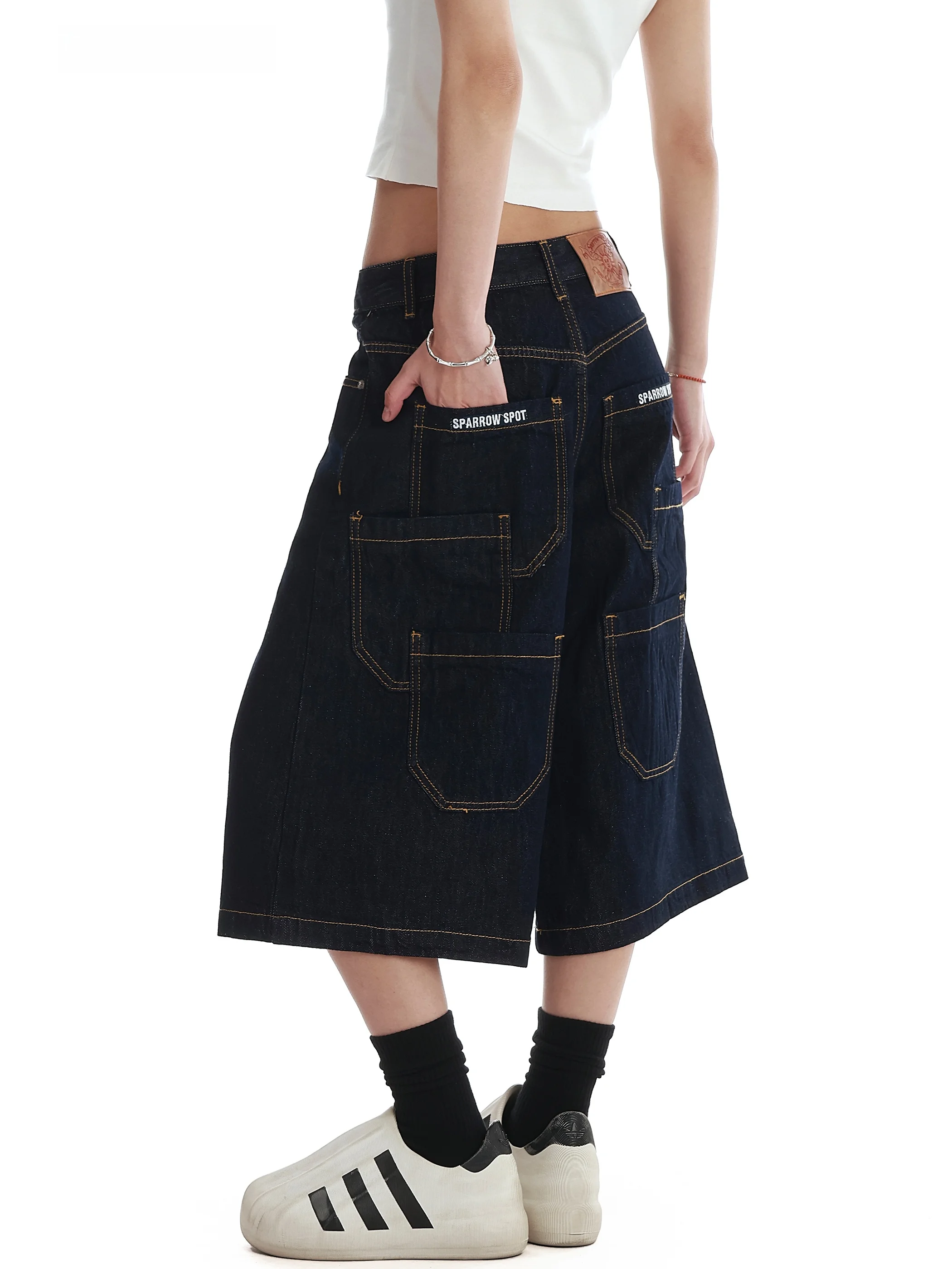 

American Design Multi-Pocket Denim Jeans High Waist Wide Leg Pants Women's Vintage Stitching Trendy Brand Casual Loose Fit