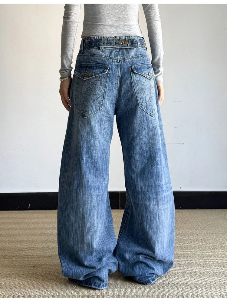 Women's Retro Style Button Blue Wide Legs Jeans Vibe Pants Unisex Baggy Denim Sweatpants Female High Waisted Straight Trousers