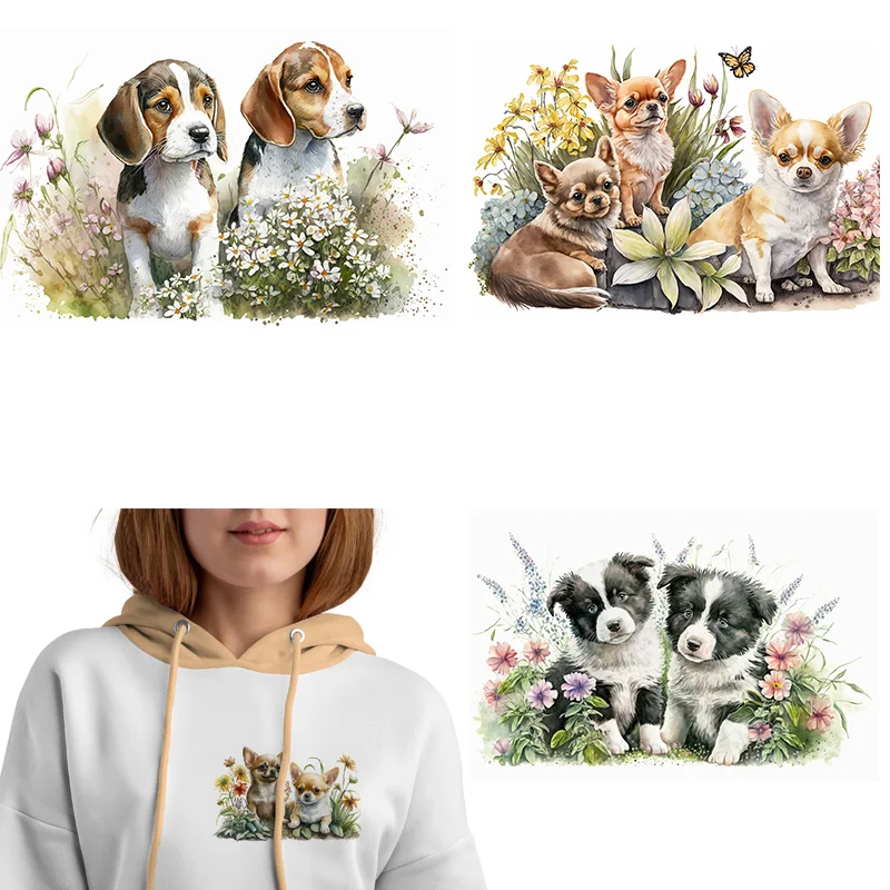 lovely Flower grassland puppy dtf Heat Transfer iron on transfer for clothing Iron On Patches For Clothing.