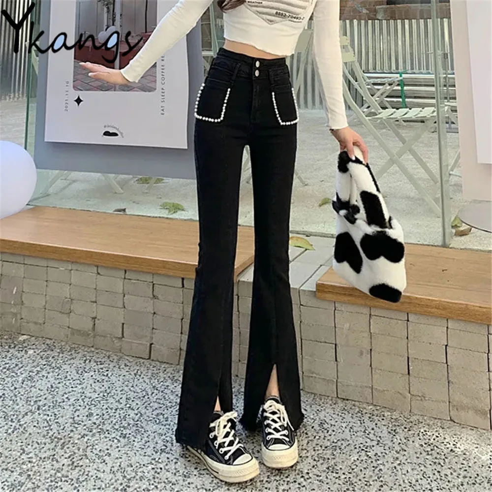 Luxurious Front Slit Black High Waist Faux Pearl Stitching Flared Jeans Korean Fashion Stretchy Denim Pants Slimming Trousers