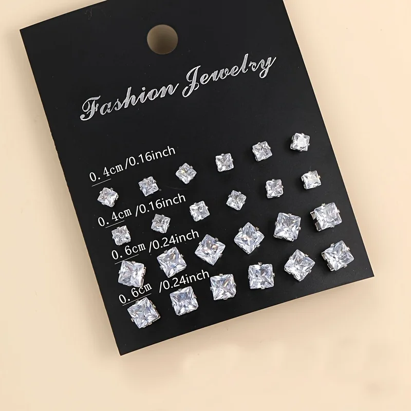 12pairs Exquisite Zinc Alloy Stud Earrings With White Square Cubic Zirconia Inlaid Suitable for Men and Women Daily Wear Jewelry