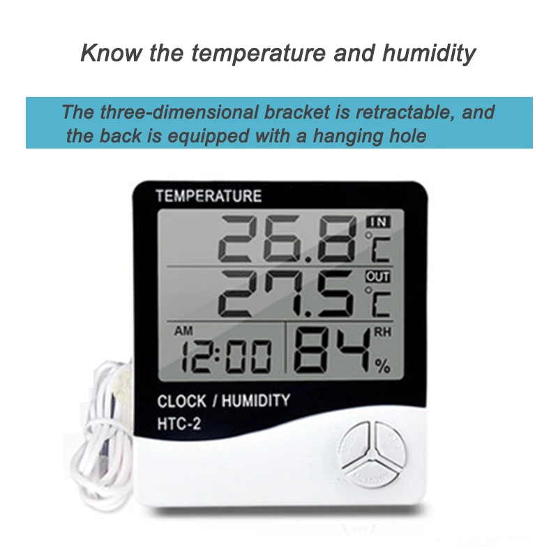 Digital LCD Thermo-hygrometer 1 Piece of Household Indoor and Outdoor Electronic Thermometer, Weather Station with Alarm Clock