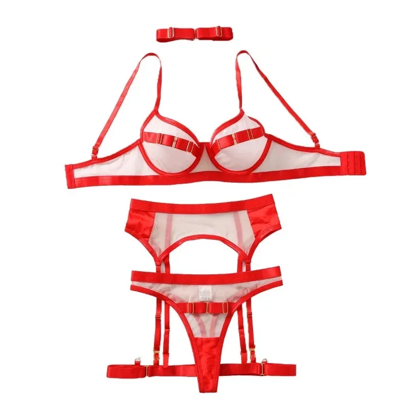 

Toucheart Erotic Lingerie Mesh See-through Patchwork Women Body Shaping High Waisted Versatile Intimate Hollow Corset Garter Set