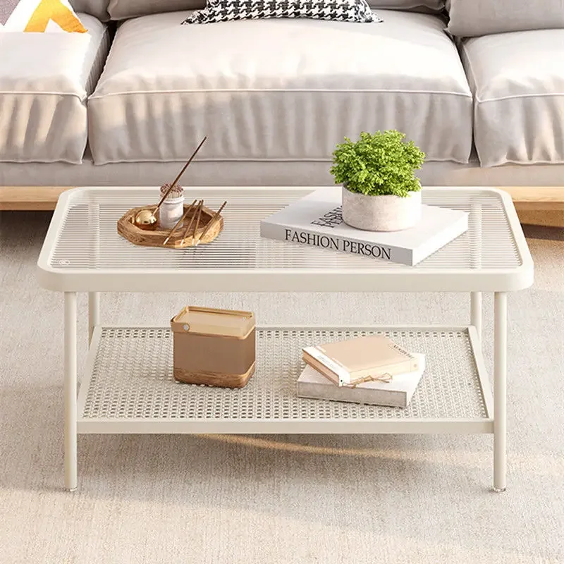 Modern and minimalist, with a tranquil and insky style living room, small household tea table, glass rattan weaving, and creativ