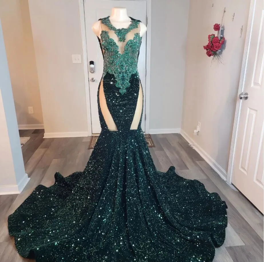 Emerald Green Sparkly Long Mermaid Prom Ceremony Formal Dresses For Black Girl 2024 Luxury Diamond Evening Birthday Gala Gown