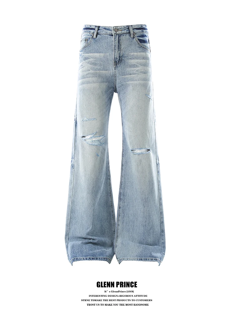 

Мужские джинсы в американском ретро-стиле с эффектом потертости и микро-клешем, повседневные свободные прямые брюки для молодежи, весенняя коллекция