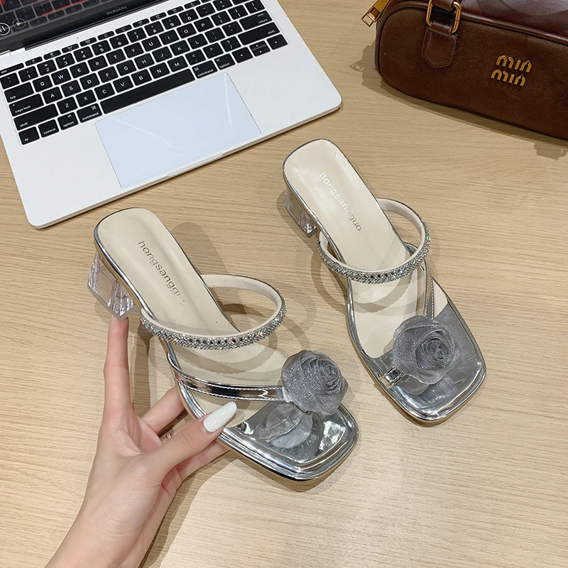 

French Style Chunky Heel Rhinestone Slippers Women's Outdoor Summer Fairy Atmosphere Cool Slippers Korean Version Rubber Sole