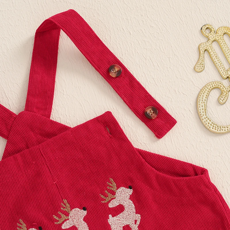 BeQeuewll Fall New Girls Boys Overalls Christmas Kids Clothes Reindeer Embroidered Sleeveless Straps Pockets Romper Jumpsuit