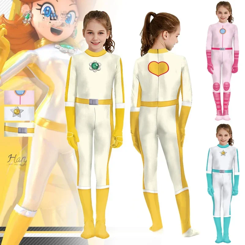 Crianças princesa pêssego cosplay macacão rosalina bodysuit traje margarida catsuit festa de halloween meninas zentai terno mn11