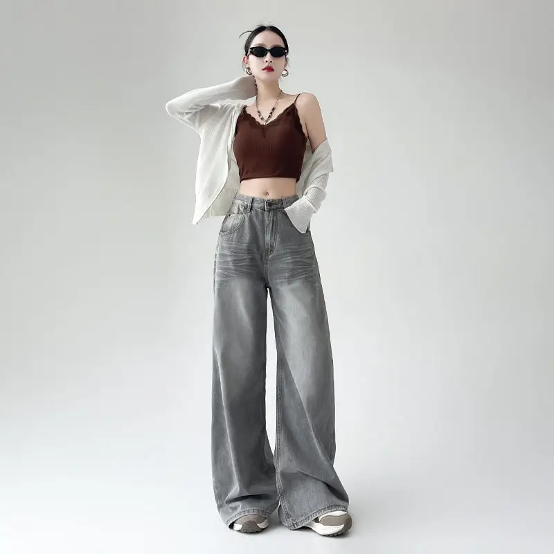 

Retro Wavy Mocha Gray Wide-Leg Pants for Women2025Loose-fitting jeans with tummy control, high waist, drapey, floor-length pants