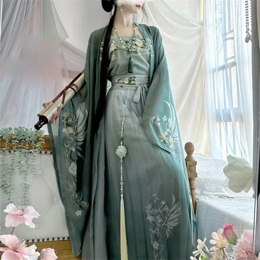 Hanfu Dress Women Chinese Traditional Vintage Hanfu Female Halloween Cosplay Costume Printed Hanfu Green 3pcs Sets Plus Size XL