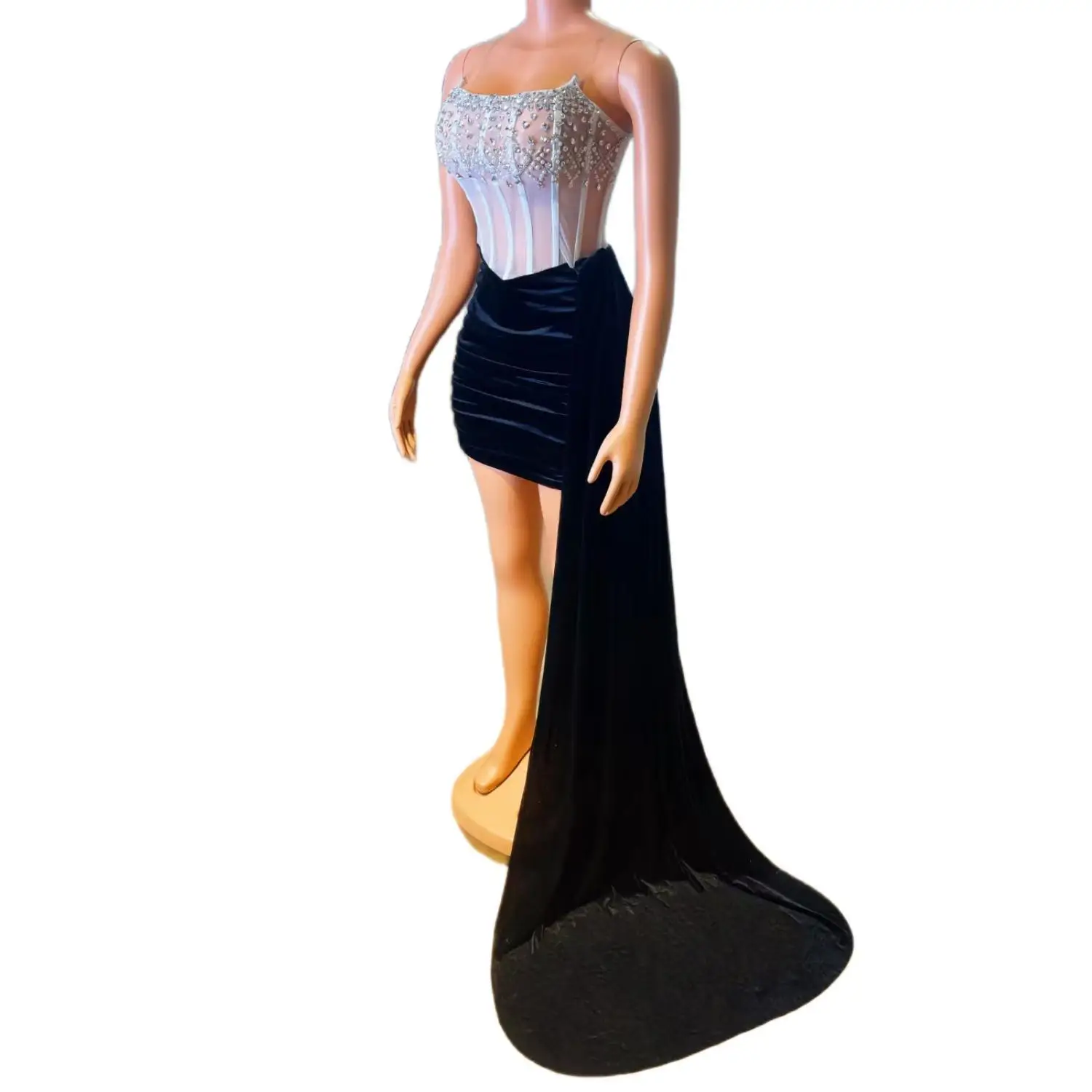 Tiaoma Womens Luxury Rhinestone Sheer Mesh Corset Mini Dress Spaghetti Strap Black Velvet Side Train Party Evening Prom Gown - view 2
