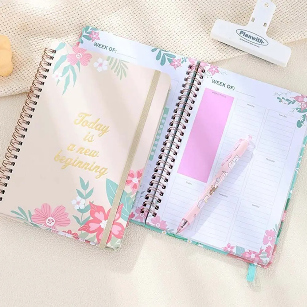 

80 Sheets A5 English Notepad Floral Printing Time Management Coil Notebook Portable To Do List Schedule Planner Notepad