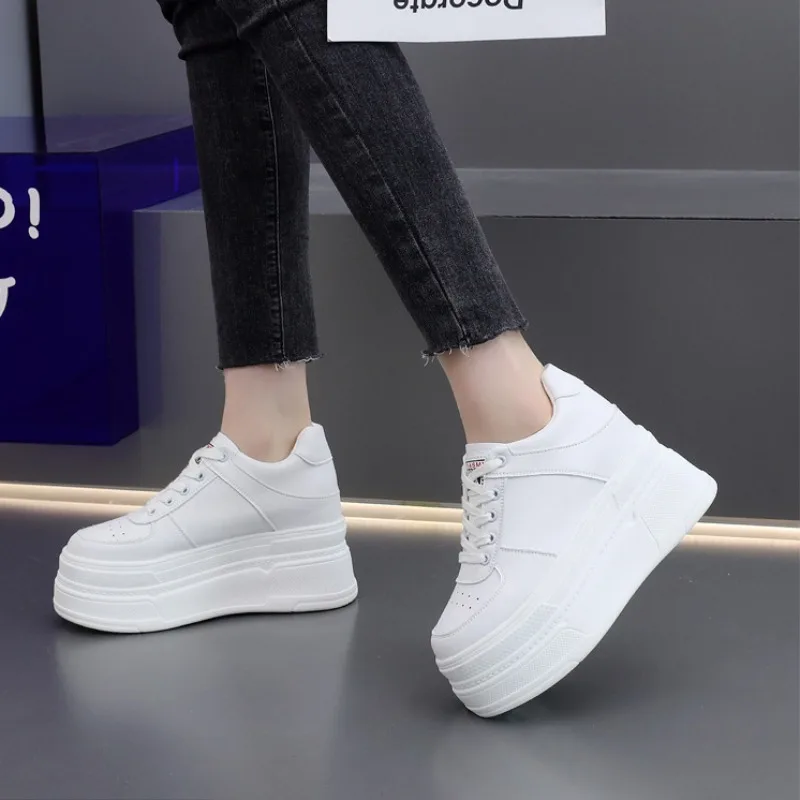 Women's Sneakers 2025Spring Fashion 10CM Height Increased Genuine Leather Casual Shoes White Wedge Platform Shoes Tenis De Mujer