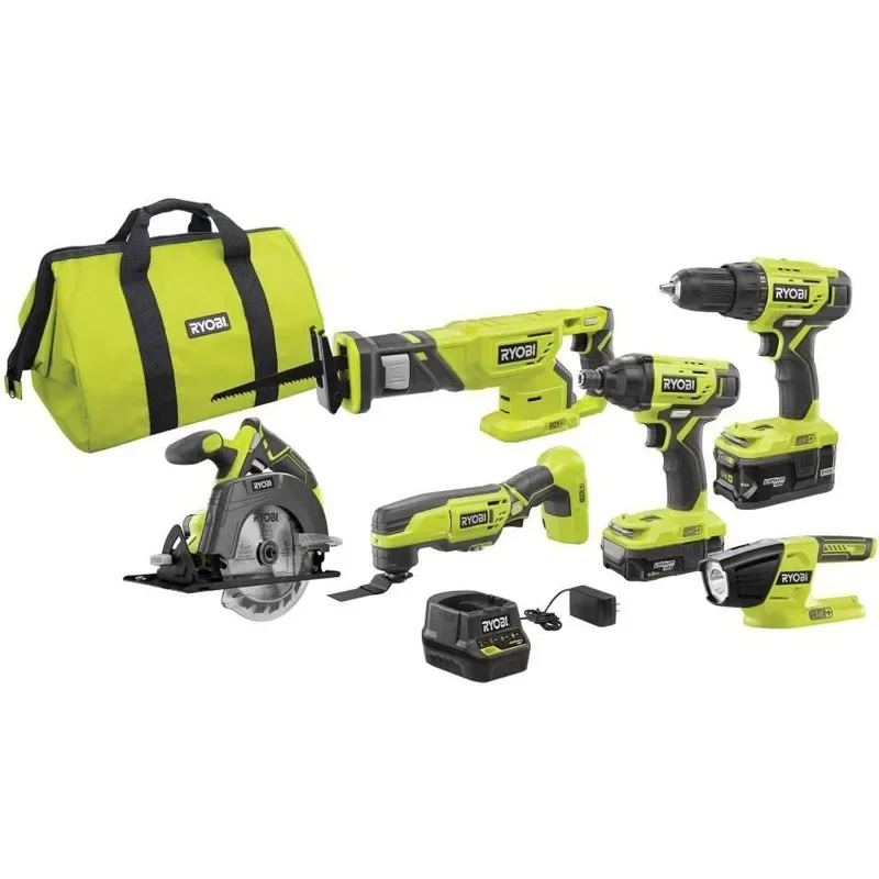 RYOBI P1819 18V One+ Lithium Ion Combo Kit (6 Tools: Drill/Driver, Impact Driver, Reciprocating Saw, Circular Saw, Multi-Tool, )