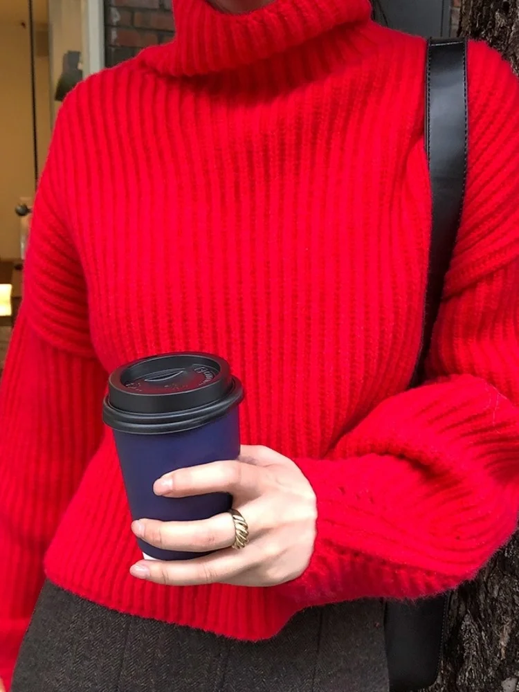 

JL Chic Retro Gentle Lazy Red oulder High Ne ort Knitted Sweater New Year's Faionable Casual Loose Fit Long Sve