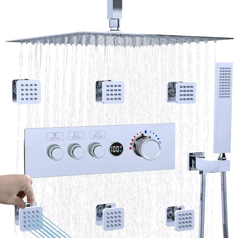 Chrome 16 Inch Independent Flow Control Thermostatic Temperature Display Valve Rainfall Shower System Set Bathroom