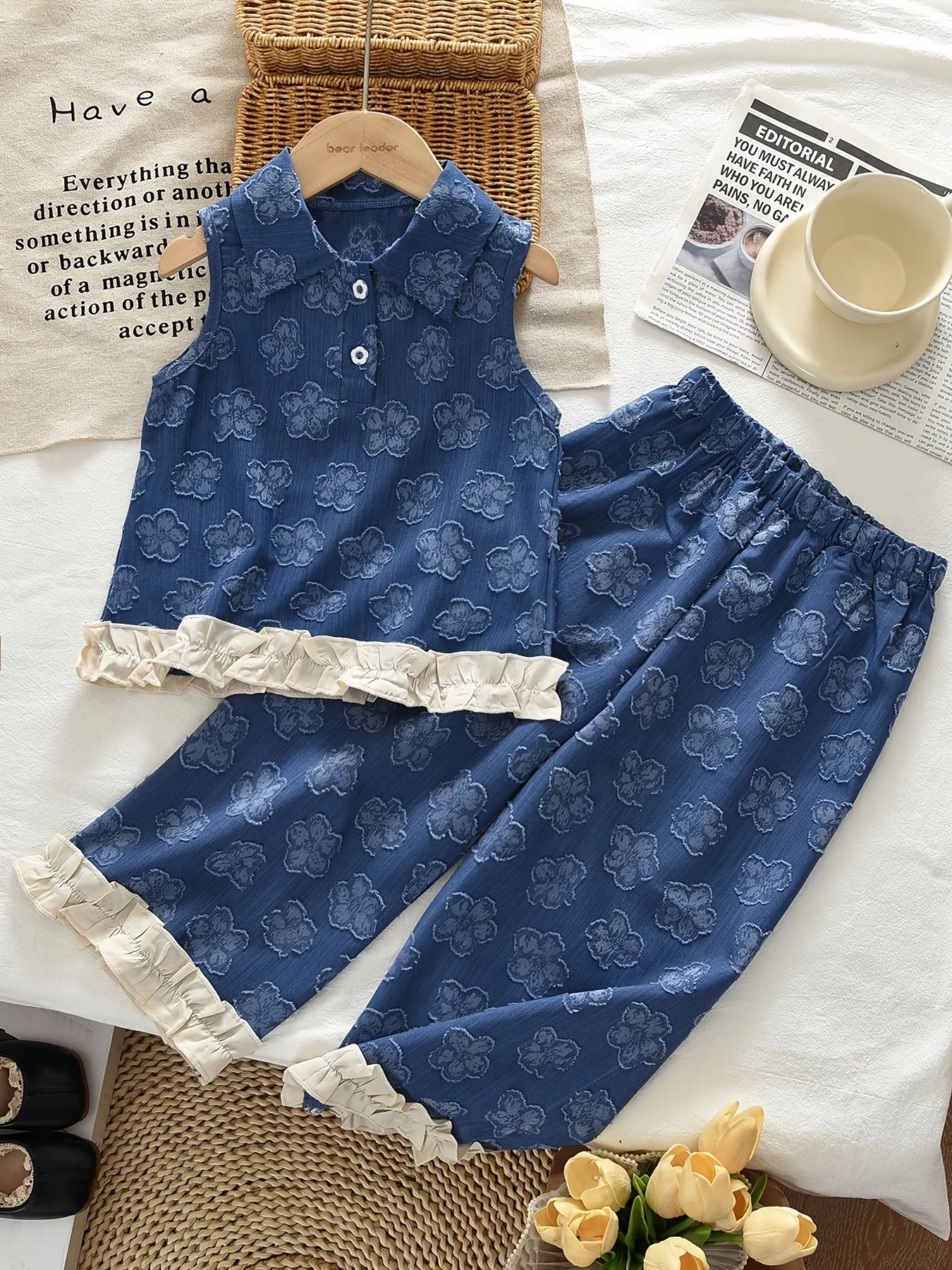 Kids Girls 2-Piece Summer Outfit Set, Denim Blue Embossed Floral Sleeveless Polo Collar Top With White Ruffle Hem & Elastic Wais