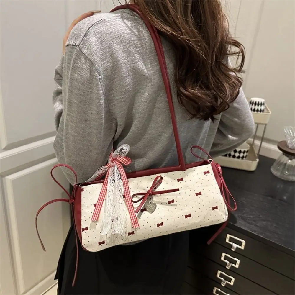 French Korean Bow Decoration Women's Handbag Niche Style Zipper Closure Square Bag PU Material Underarm Bag Daily Wear