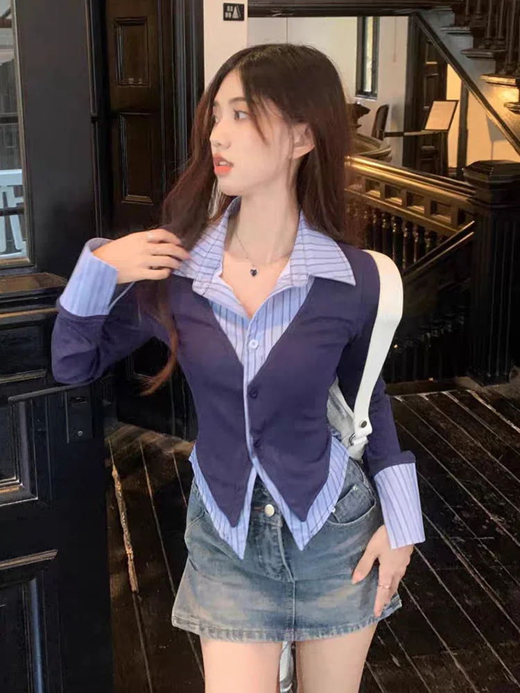 Patchwork Shirts Women Slim Lapel Chic Spring Ulzzang Office Lady Elegant Harajuku Tops Defined Preppy Style Fake 2 Pcs Design