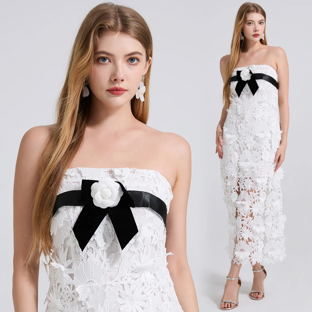 Heavy Industry Lace Three-dimensional Flower Embroidery Strapless Long Dress Summer 2025 Women's Black and White Bag Hip Skirt