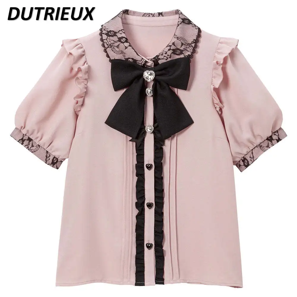 Japanese Style Sweet Cute Lace Collar Lolita Shirt Big Bow Short Sleeve Top Fashion Casual Blouses Elegant Women\'s Tops Summer