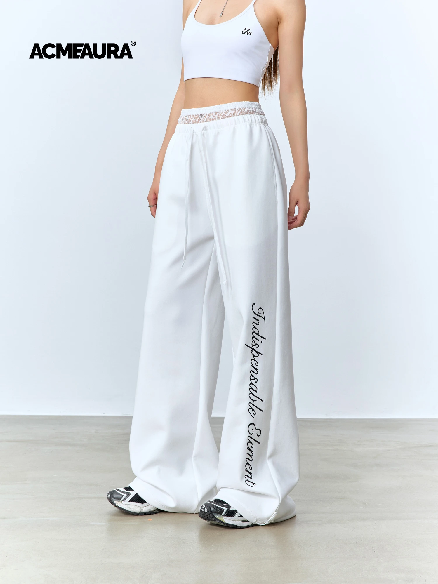 

ACME AURA High Waist Wide Leg Sport Pants Women Casual Running Training Fitn Trousers Street Sle Lace Splice Long Pants