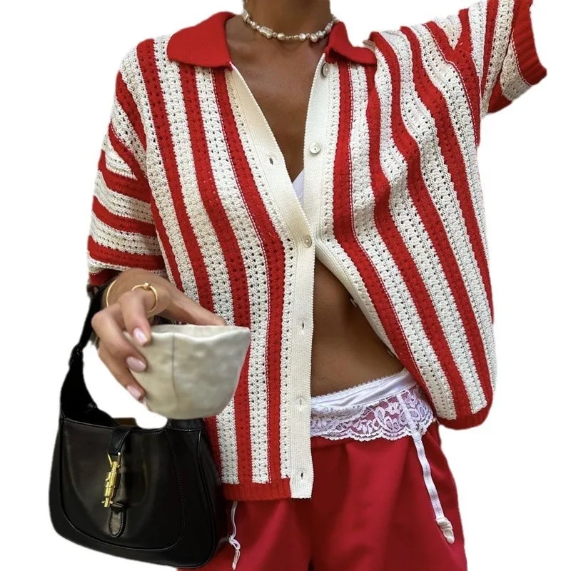 Women's Knit Shirt Striped Contrast Collar Top Short Sleeve Button Up Cardigan Hollow Out Summer Blouse Casual Beachwear
