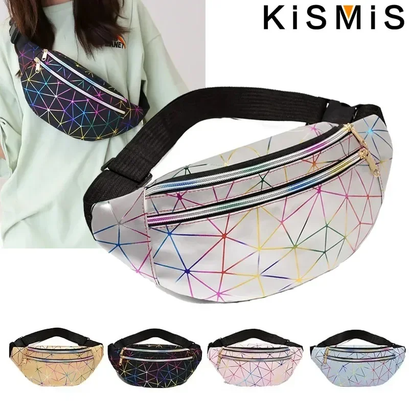 KISMIS Holographic Waist Pack Bags for Women Glitter Fanny Pack Waterproof Belt Bag Fashion Laser Waist Pack Phone Pouch