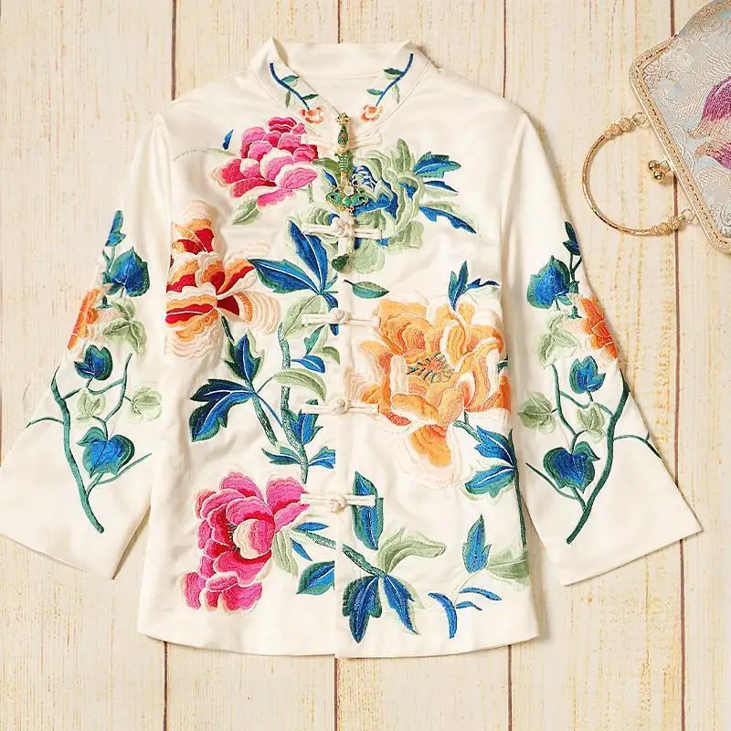 Chaqueta de traje Tang Vintage bordada con flores de peonía para mujer, manga larga, cuello alto suelto de un solo pecho, prendas de vestir