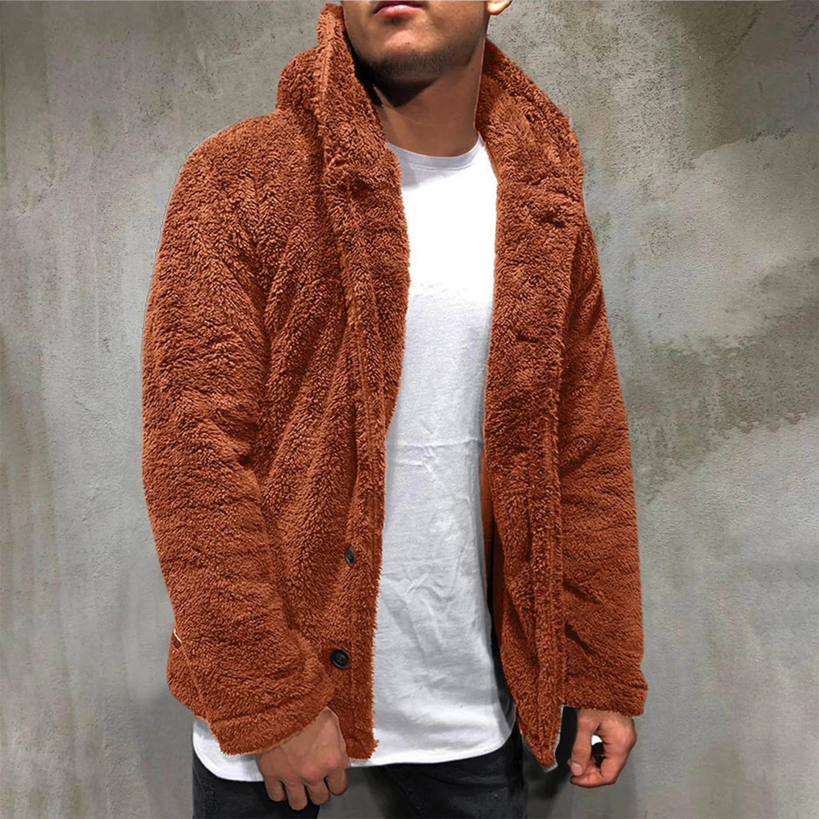 Fashion Trend Men\'s Wear Autumn Winter Men\'s Plush Hooded Coat Solid Color Long Sleeve Single-breasted Warm Cardigan Coat