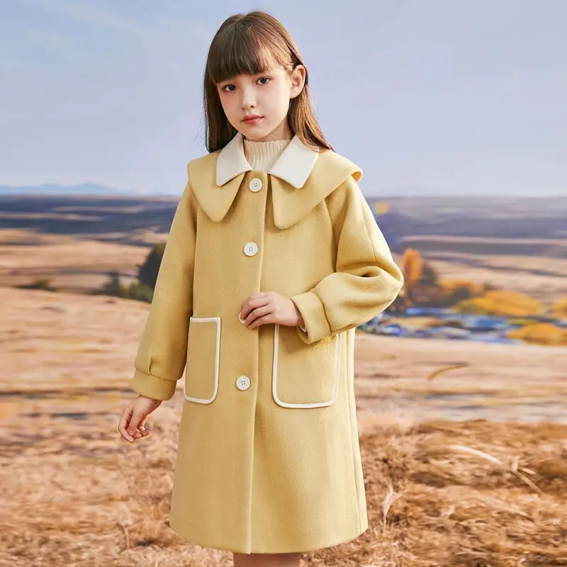 Girls Woolen Coat Autumn and Winter New Middle-aged and Young Children Fashion Woolen Windbreaker Girls Long Woolen Coat