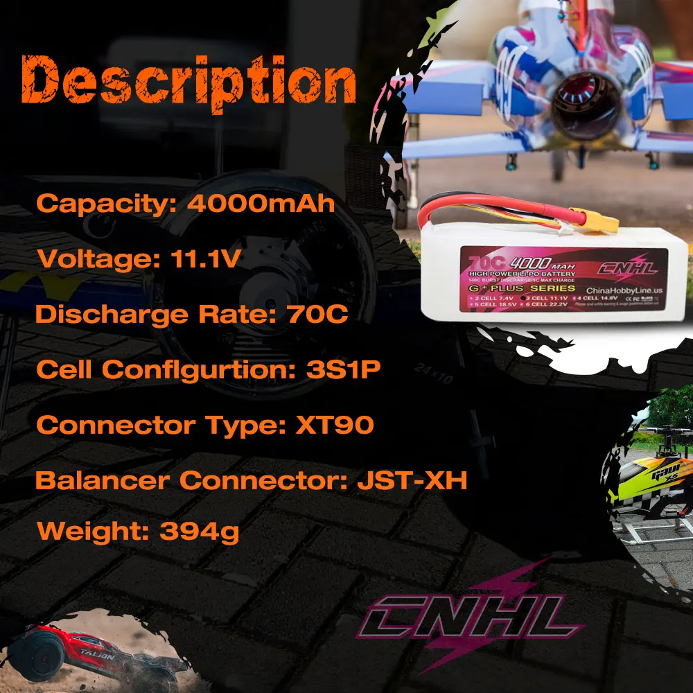 CNHL 11.1V 3S Lipo Battery 4000mAh 70C With XT90 Plug For RC Car Rock Crawlers Airplane Vehicle Tank Truck Catamaran Boat