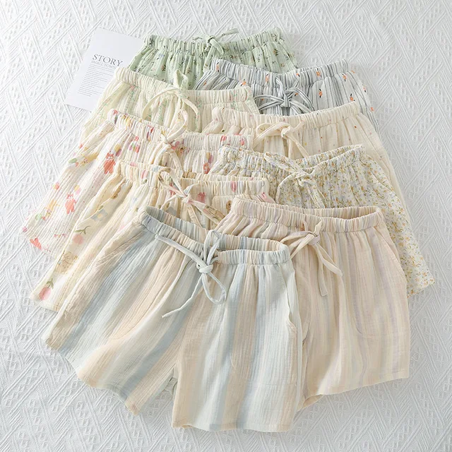 2024 Summer 100% Cotton Pajamas Shorts Printed Women's Loose Fitting Sleep Bottoms Elastic Waist Sleep Shorts Home Lounge Wear