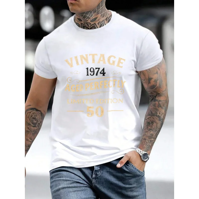 

Men's T-Shirt White Vintage 1974 Aged Perfected Limited Edition 50 Printed Pattern High Quality Cotton 180g