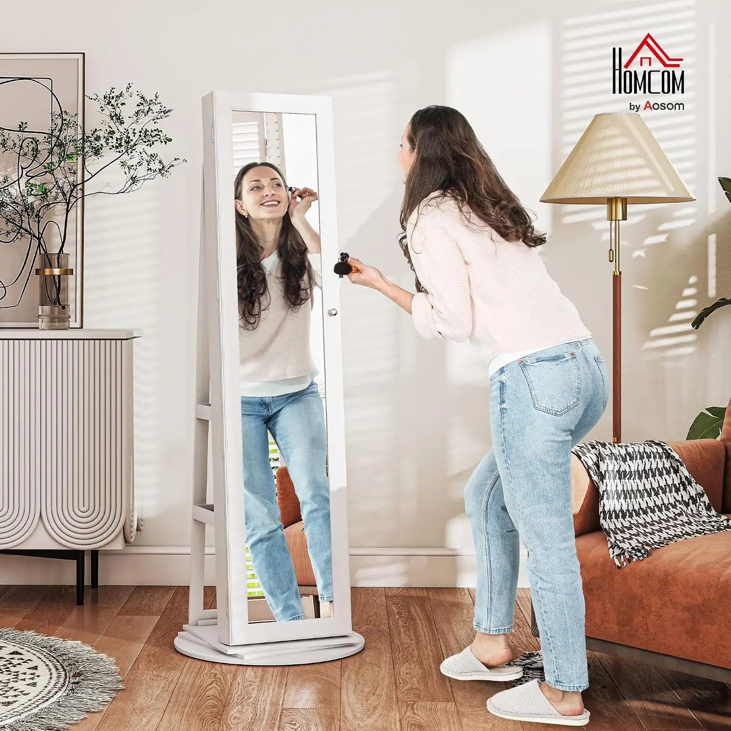 Swivel 360 Degree Jewelry Cabinet Lockable Full Length Mirror White