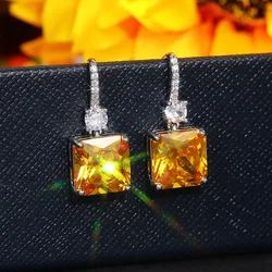 New Soild 925 Silver Needle Elegant Square Citrine Drop Earrings for Women Yellow Imitated Gemstone Earrings Jewelry Gift