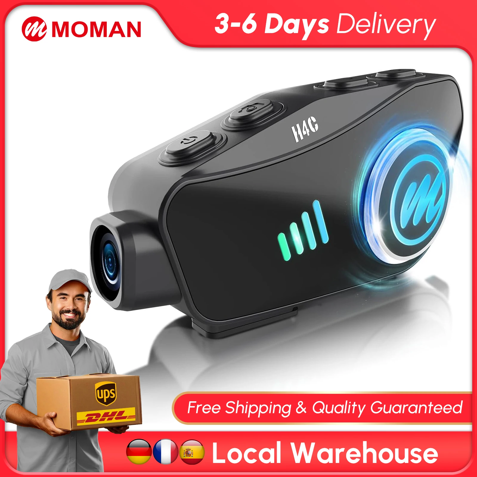 【Stock UE】 Interphone pour casque de moto Moman, caméra 1080P, carte 32G, 120 °   Casque sans fil mains libres à commande vocale IA grand angle